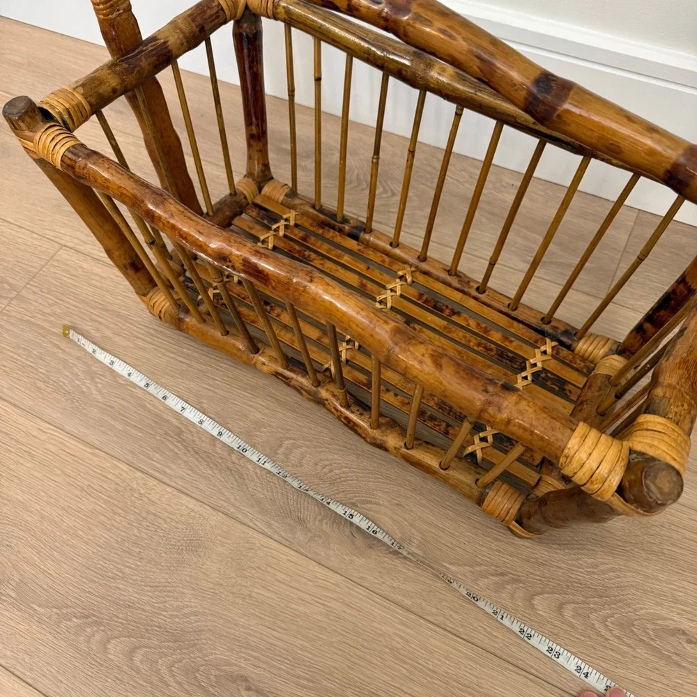 RARE Vintage 1980 Burnt Bamboo Magazine Rack Tortoise Shel Rattan Storage Basket